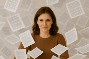Zena okruzena papirima spremna da prodje sve korake za povrat pdv prii kupovini prvog stana