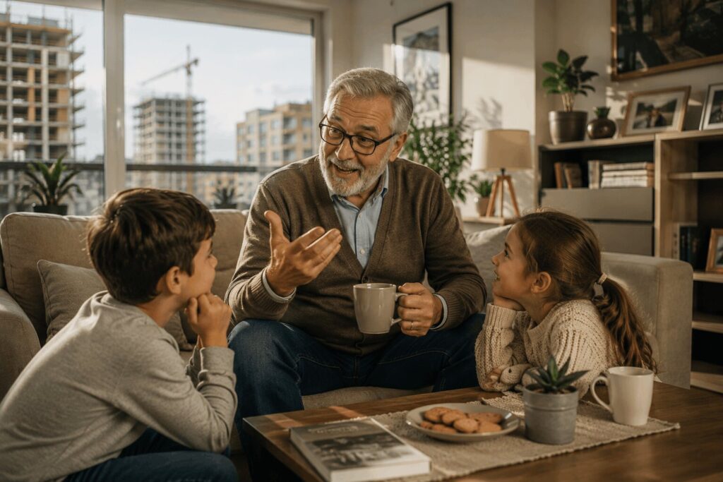 Deda u dnevnoj sobi razgovara sa unucima o tome kako je uzeo kredit za mlade prije 40 godina. 